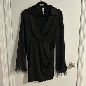 Black Satin Long Sleeve Feather Trim Dress (S)